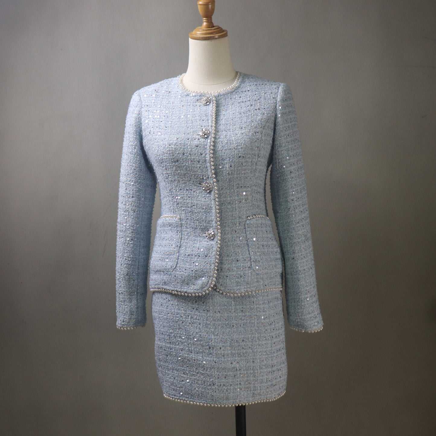 Bespoke Blue Tweed Skirt Suit With Pearls & Sequins