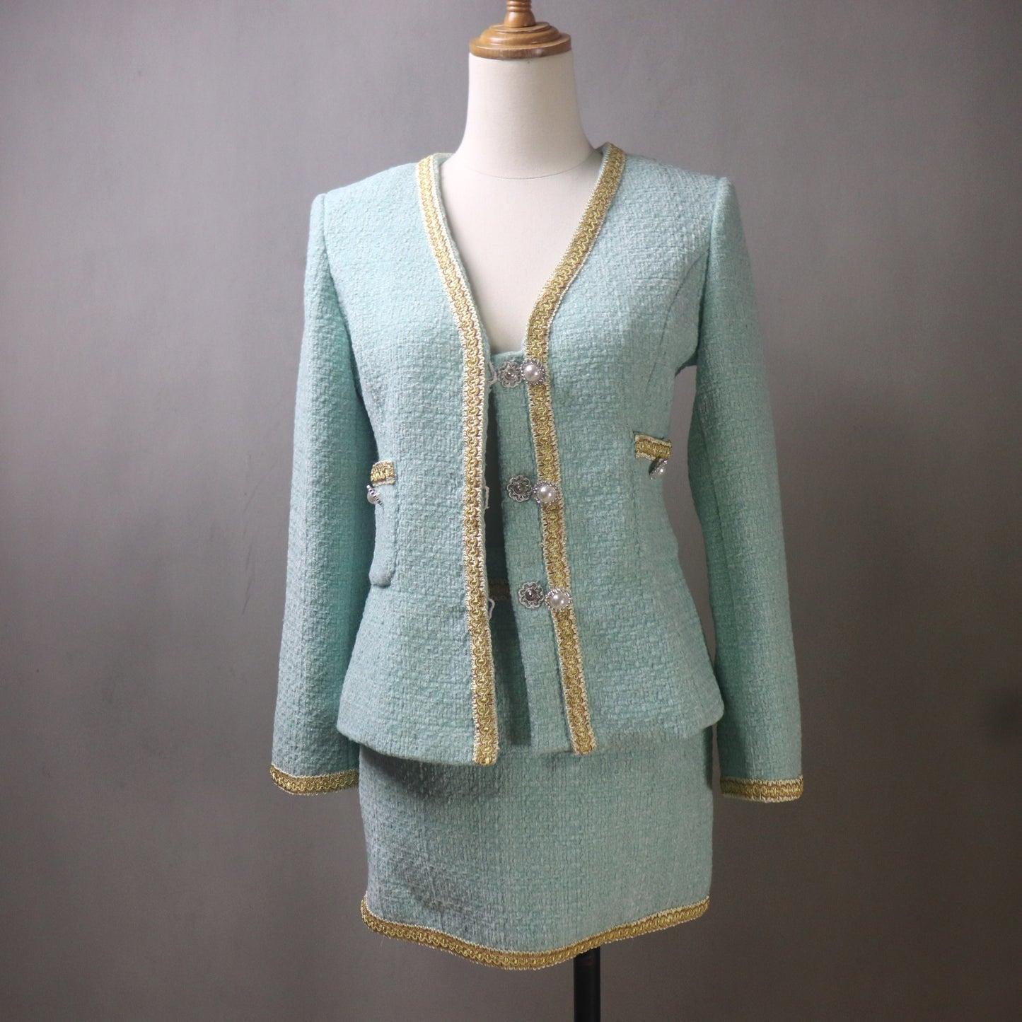Custom Teal Tweed Fitted Blazer Skirt Set: Gold Trim, Plus Sizes, Any Length