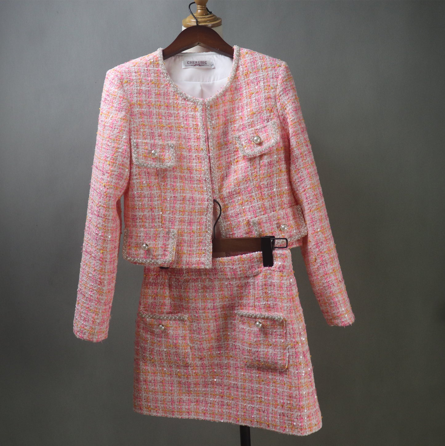Pink Tweed Suit with Checked Pattern and Sequins