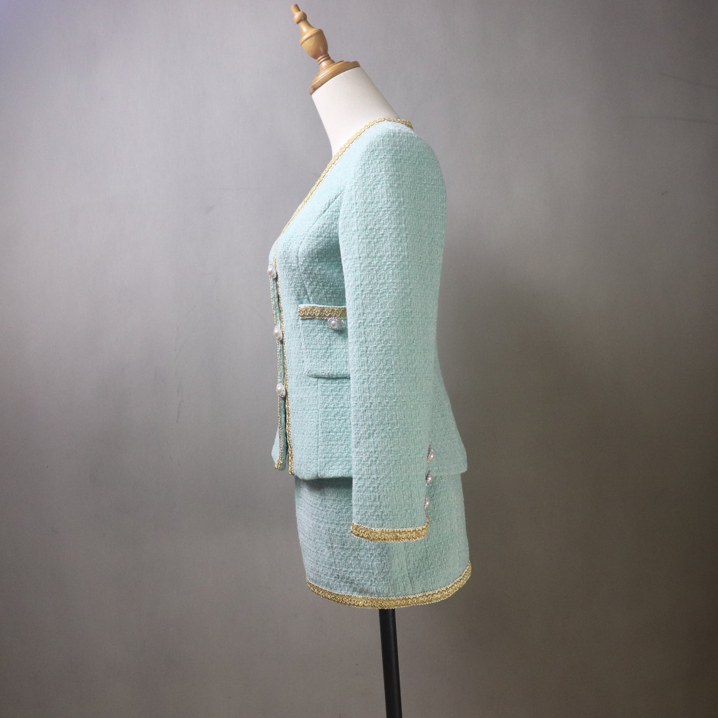 Custom Teal Tweed Fitted Blazer Skirt Set: Gold Trim, Plus Sizes, Any Length