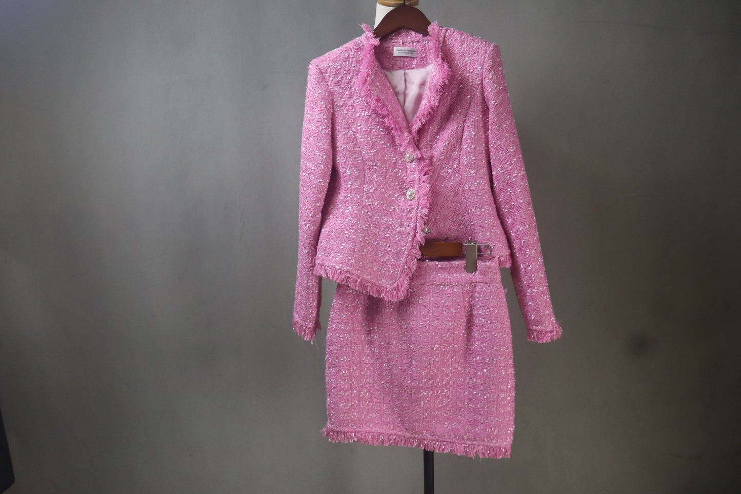 Custom Made Chic Pink Tweed Skirt Suit, Structured Blazer & Skirt in any length
