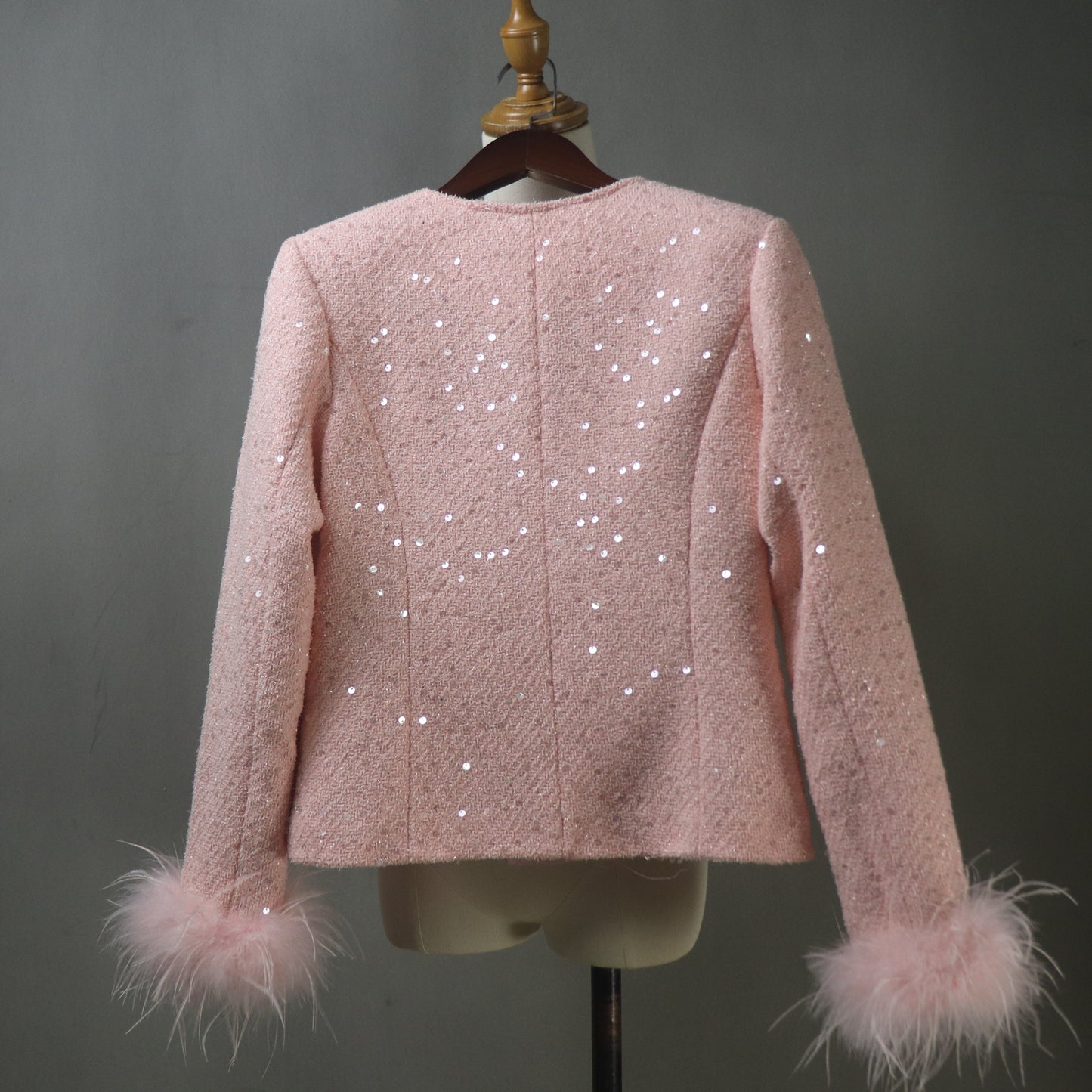Women Pink Sequinned Jacket With Faux Fur Trim