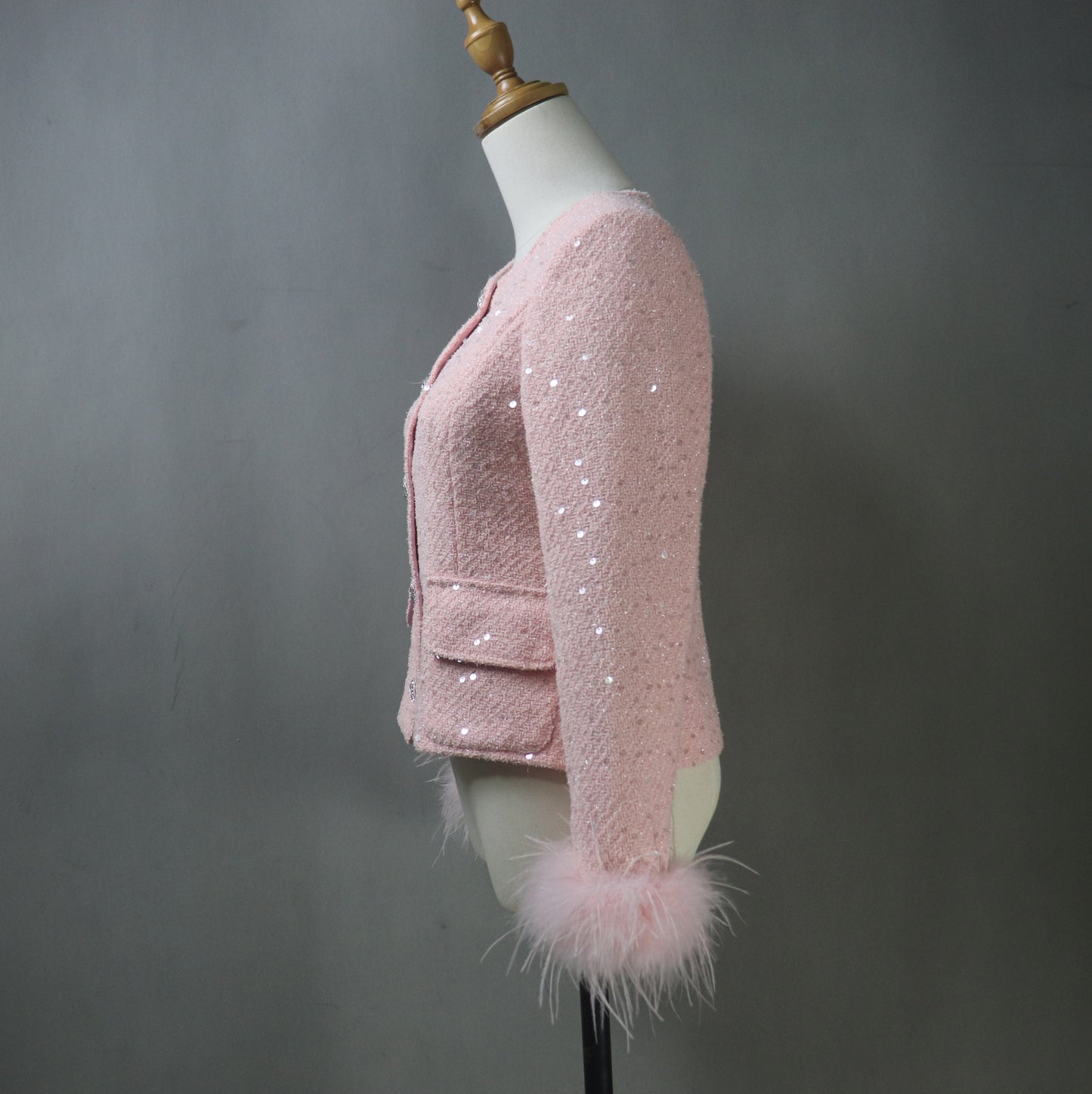 Women Pink Sequinned Jacket With Faux Fur Trim