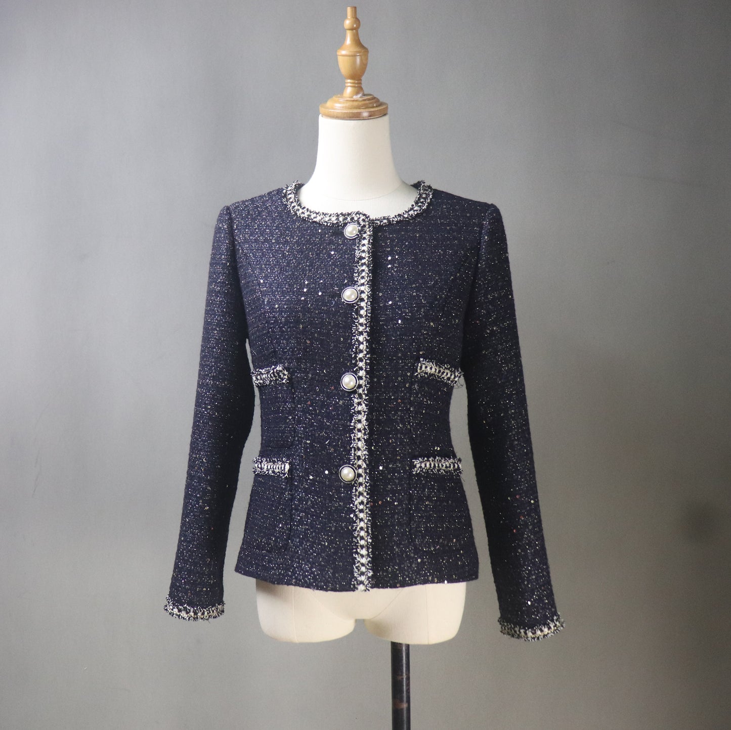 Sequinned Navy Tweed Custom Made Jacket