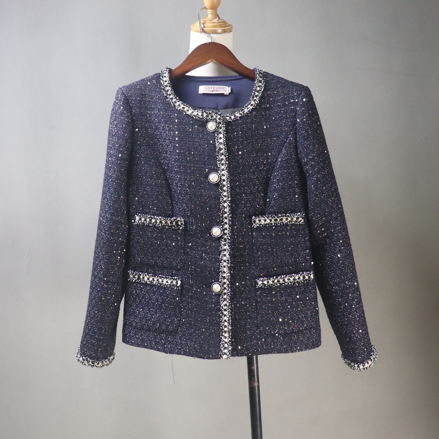 Sequinned Navy Tweed Custom Made Jacket