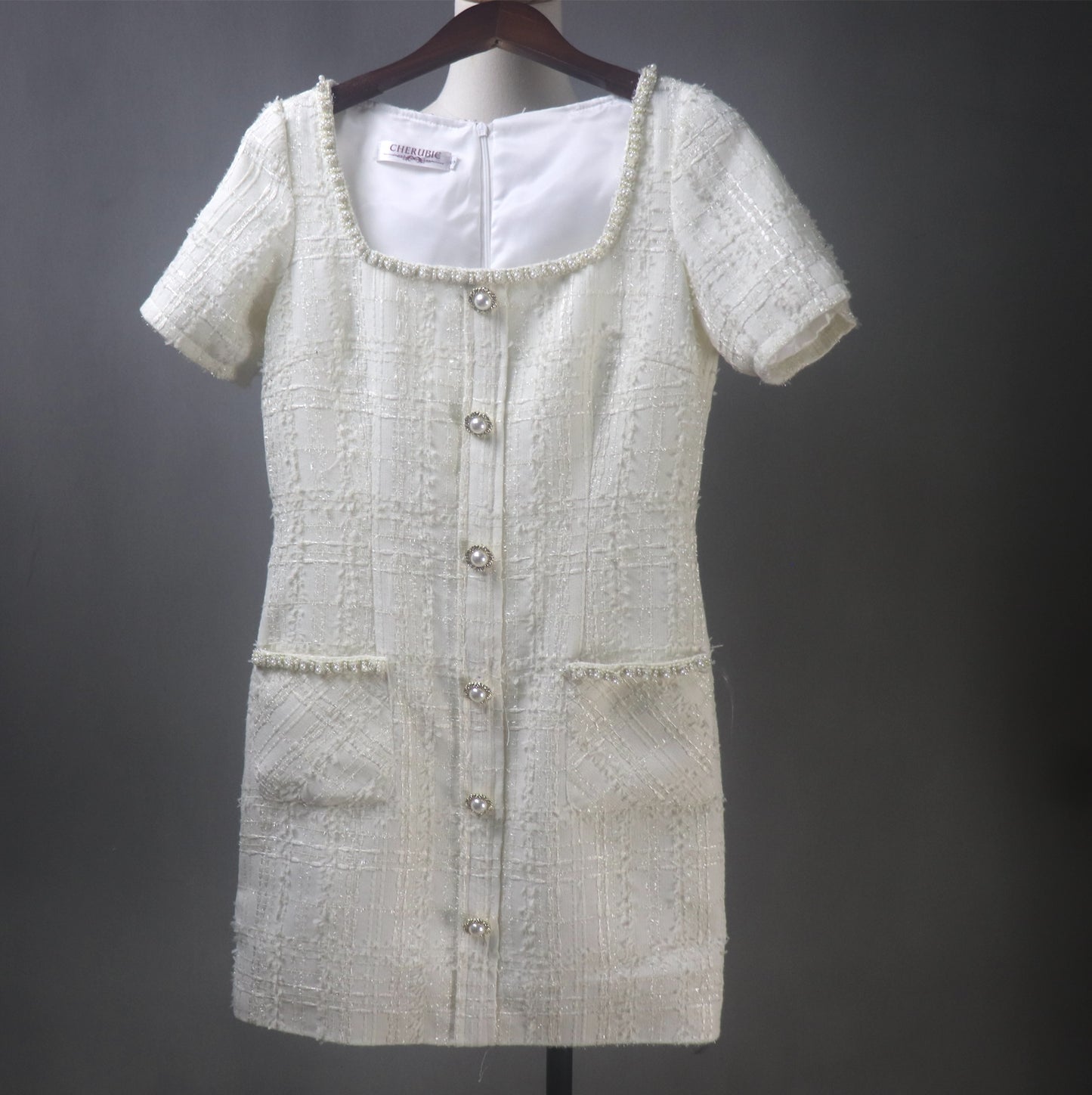 Tweed White Dress with Square Neck and Pearls Buttons