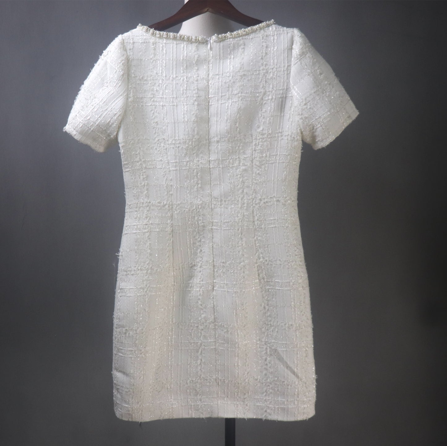 Tweed White Dress with Square Neck and Pearls Buttons