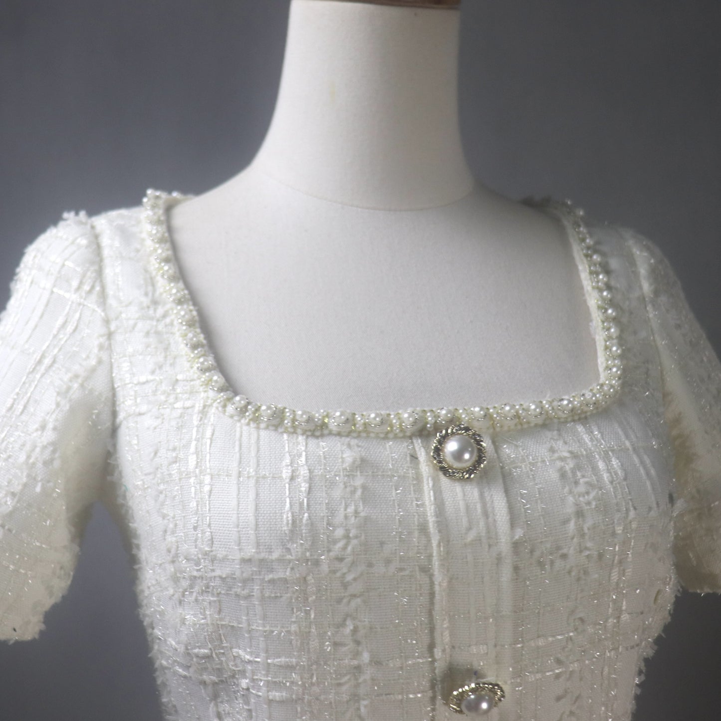 Tweed White Dress with Square Neck and Pearls Buttons