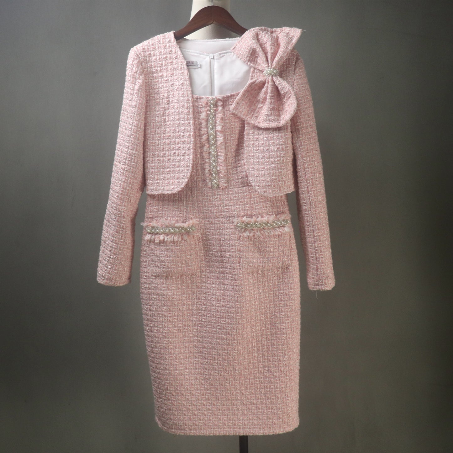 Spring Summer Baby Pink Dress Suit with Crop Jacket and a Big Bow