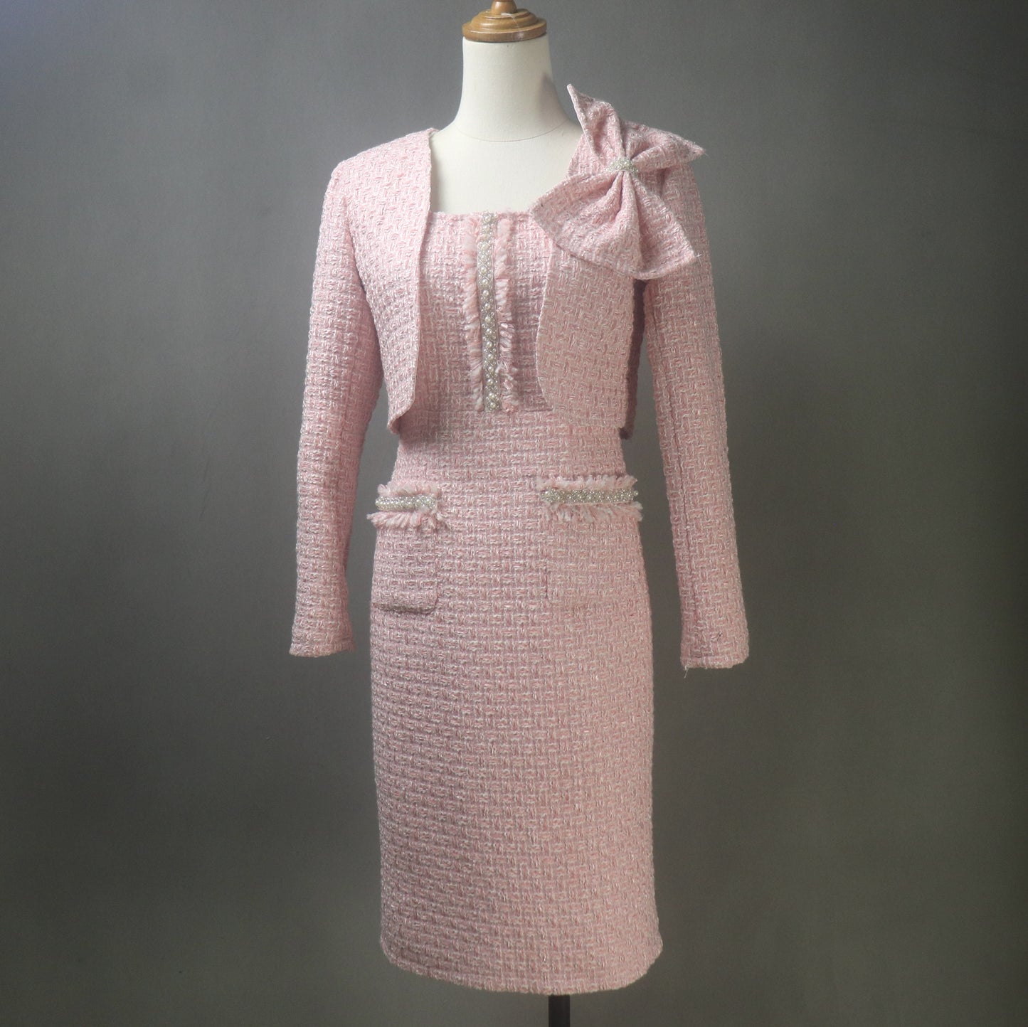 Spring Summer Baby Pink Dress Suit with Crop Jacket and a Big Bow