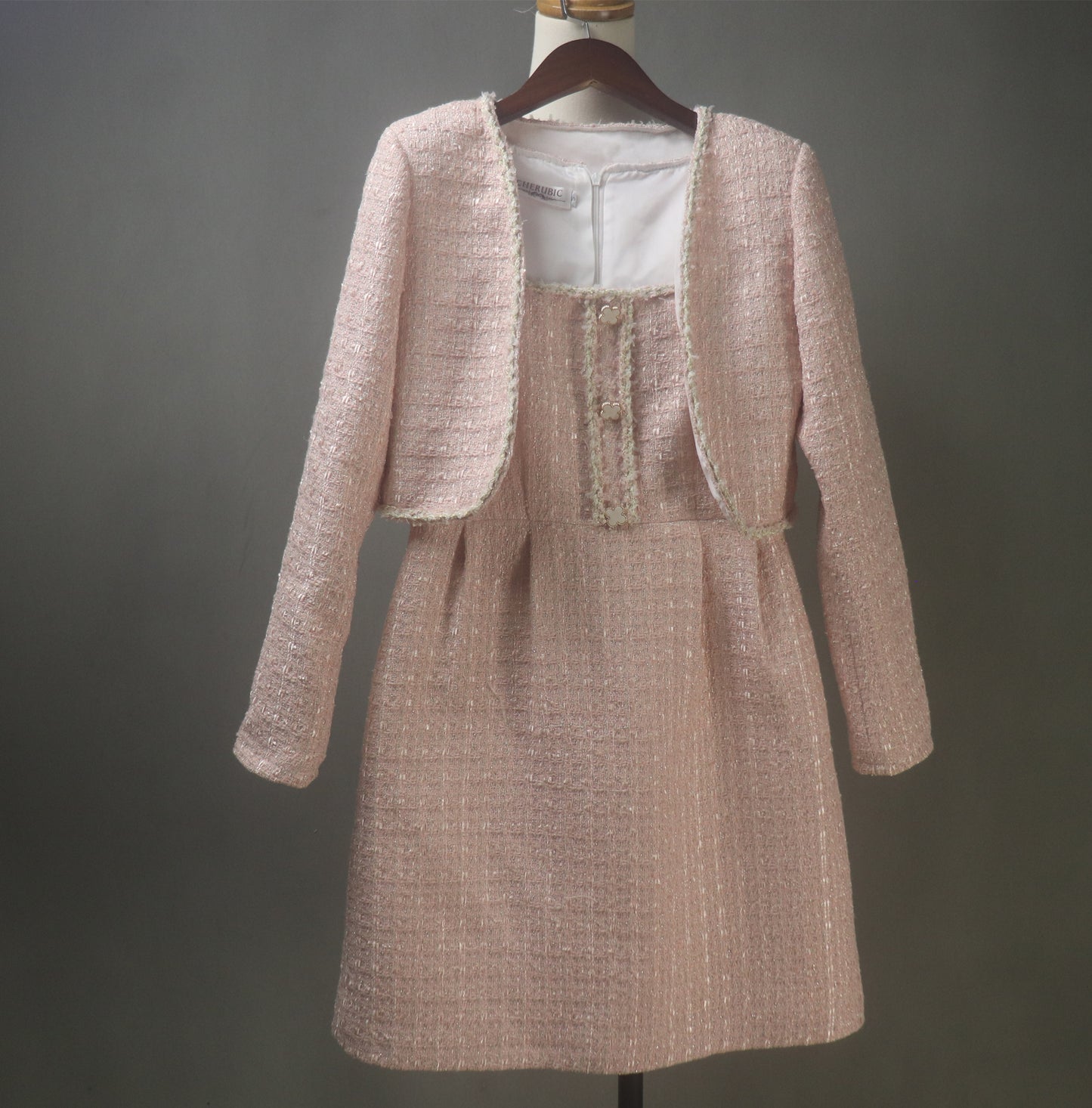 Pink Tweed Dress Suit Custom Made in Plus / Petite Size with Matching Crop Jacket