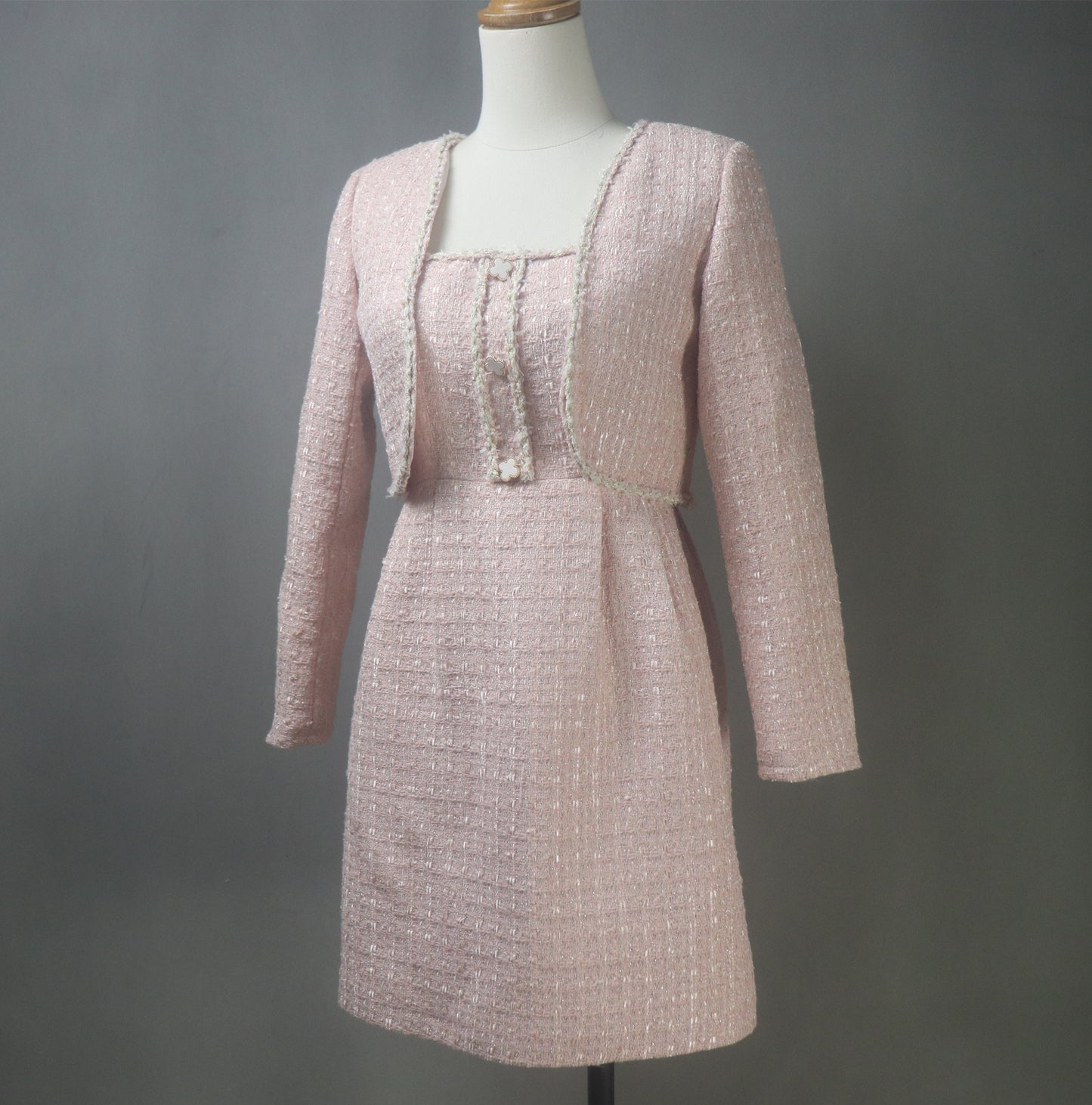 Pink Tweed Dress Suit Custom Made in Plus / Petite Size with Matching Crop Jacket