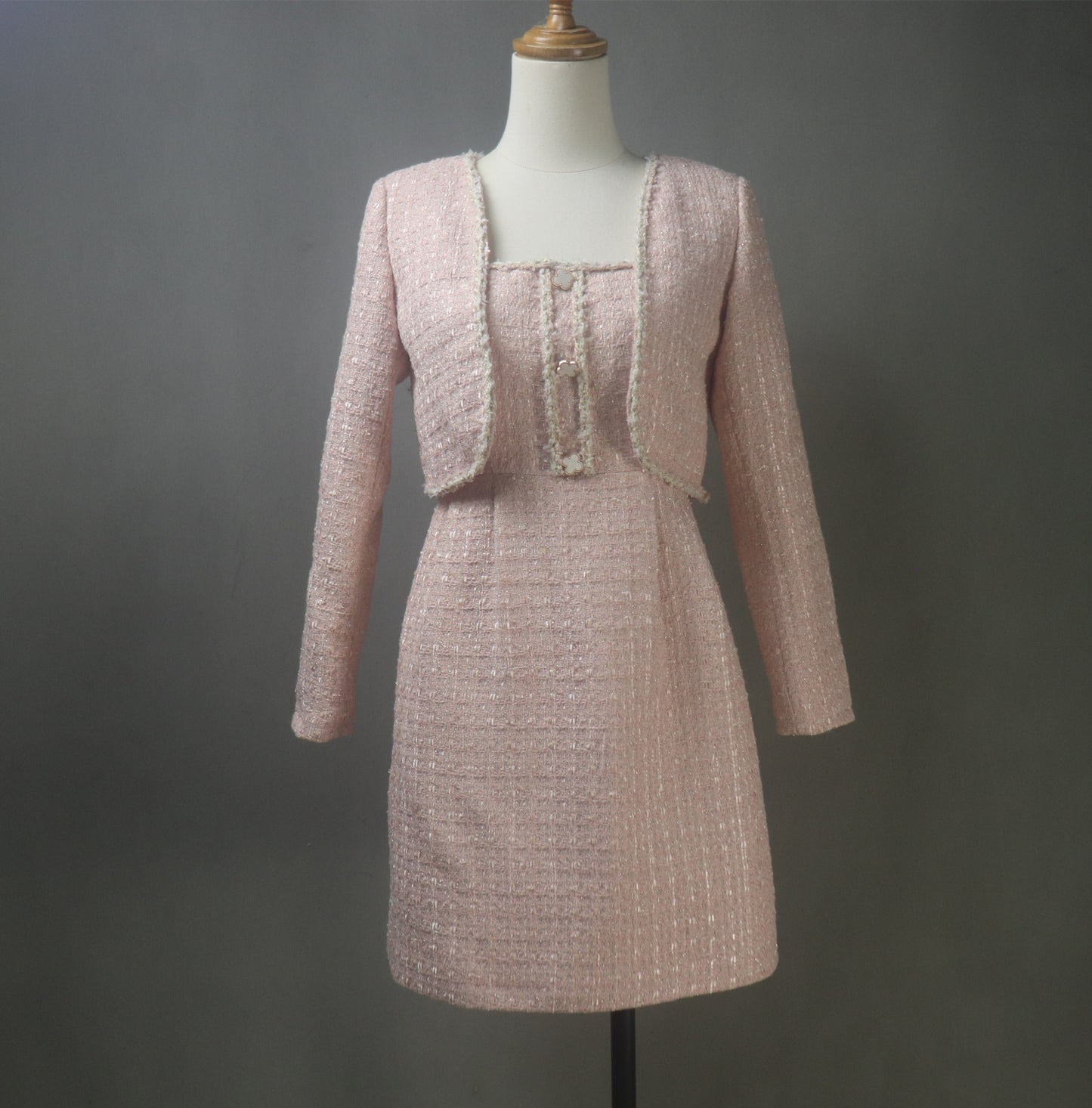 Pink Tweed Dress Suit Custom Made in Plus / Petite Size with Matching Crop Jacket