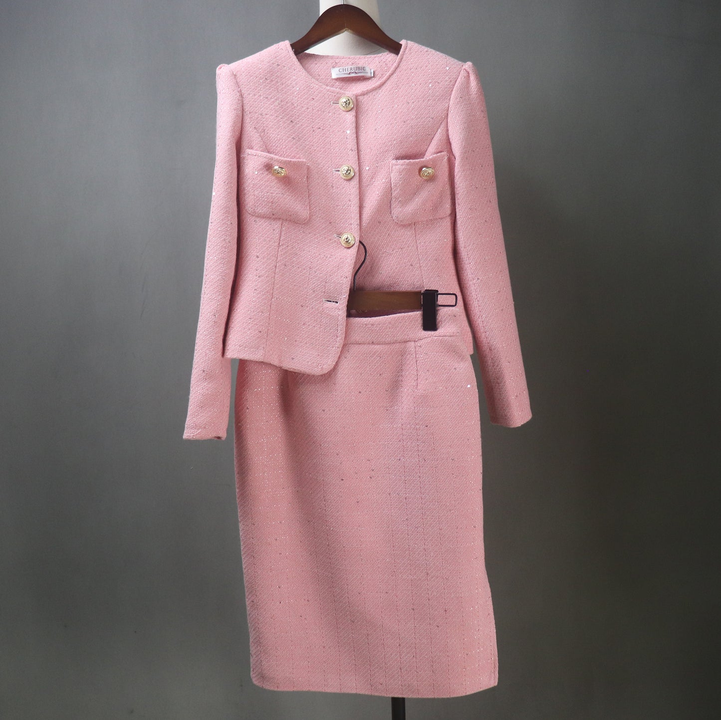 Pink Tweed Midi Skirt Suit with Sequins
