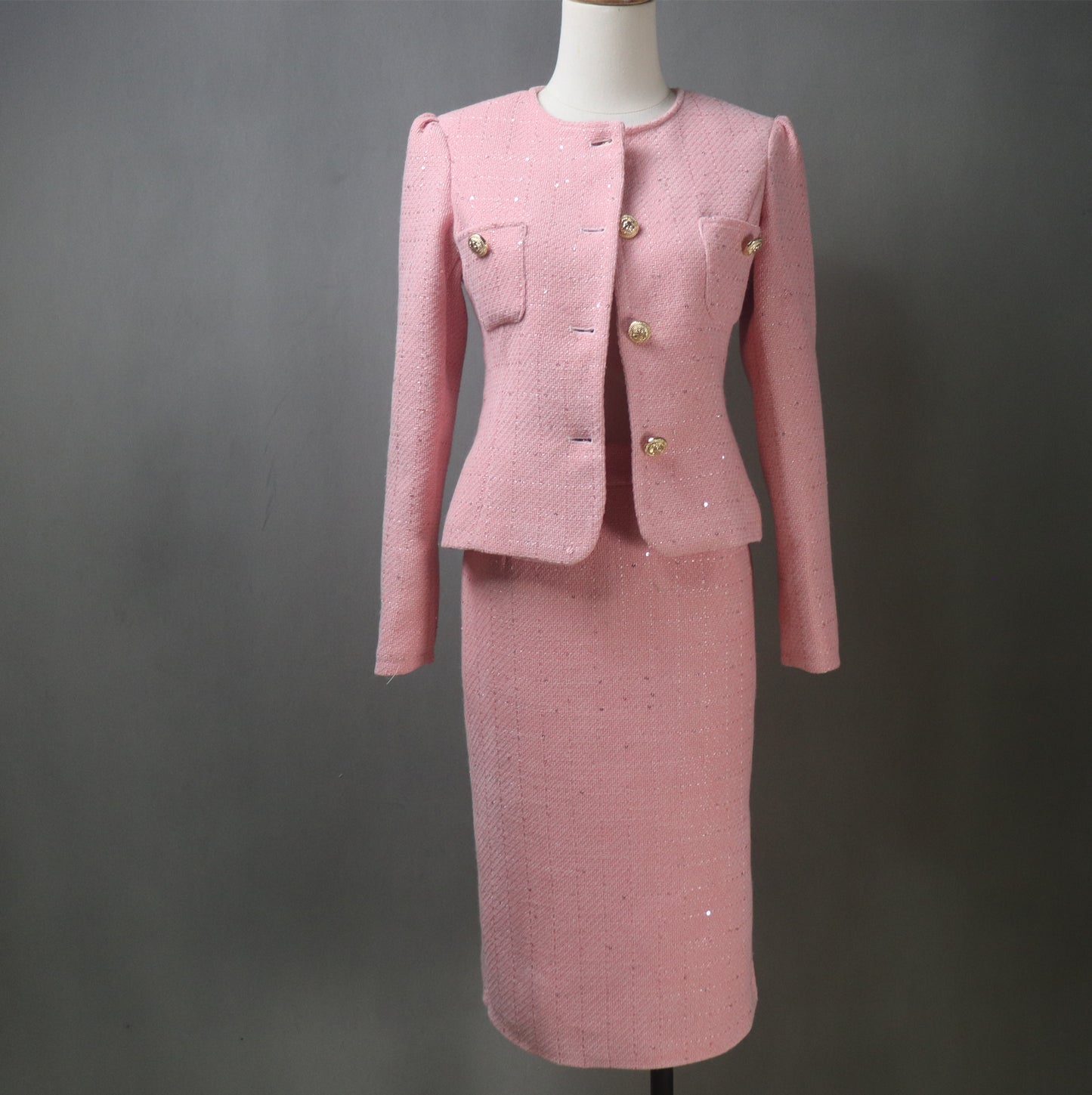 Pink Tweed Midi Skirt Suit with Sequins