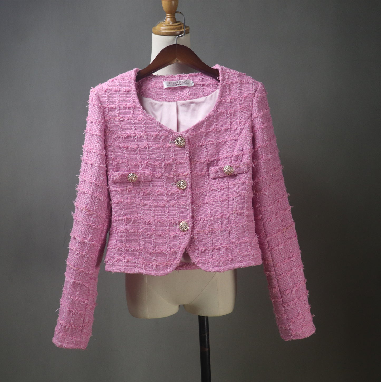 Pink Tweed Skirt Suit with Fluffy Checked Pattern