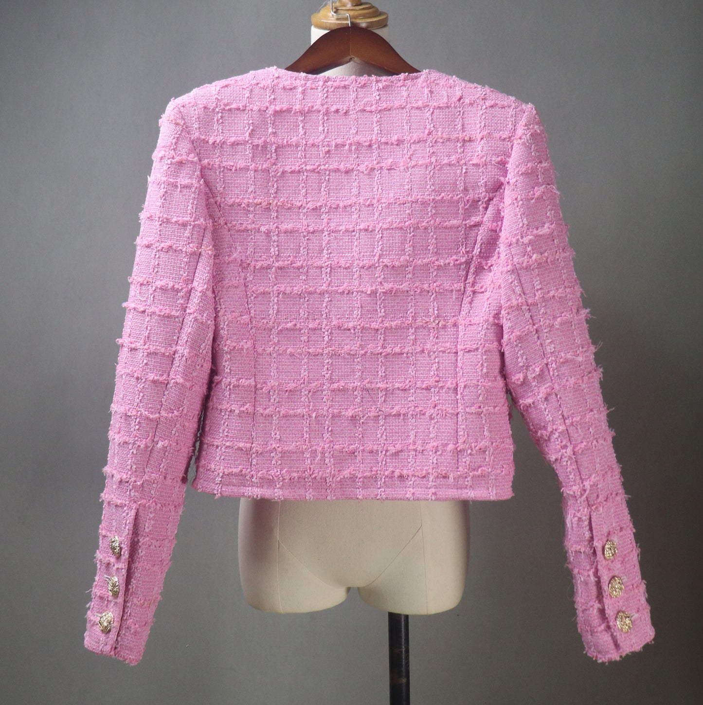 Pink Tweed Skirt Suit with Fluffy Checked Pattern