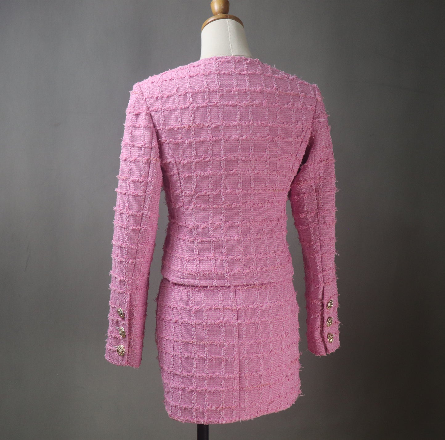 Pink Tweed Skirt Suit with Fluffy Checked Pattern