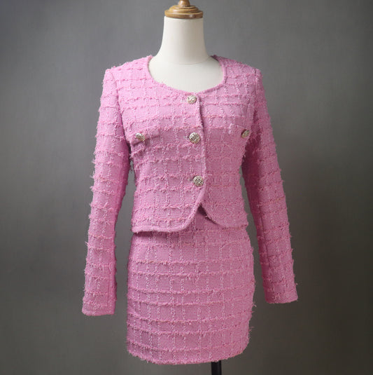 Pink Tweed Skirt Suit with Fluffy Checked Pattern