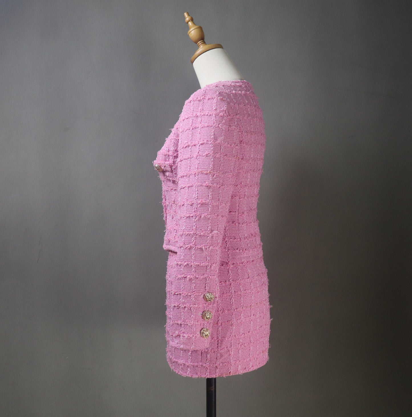 Pink Tweed Skirt Suit with Fluffy Checked Pattern