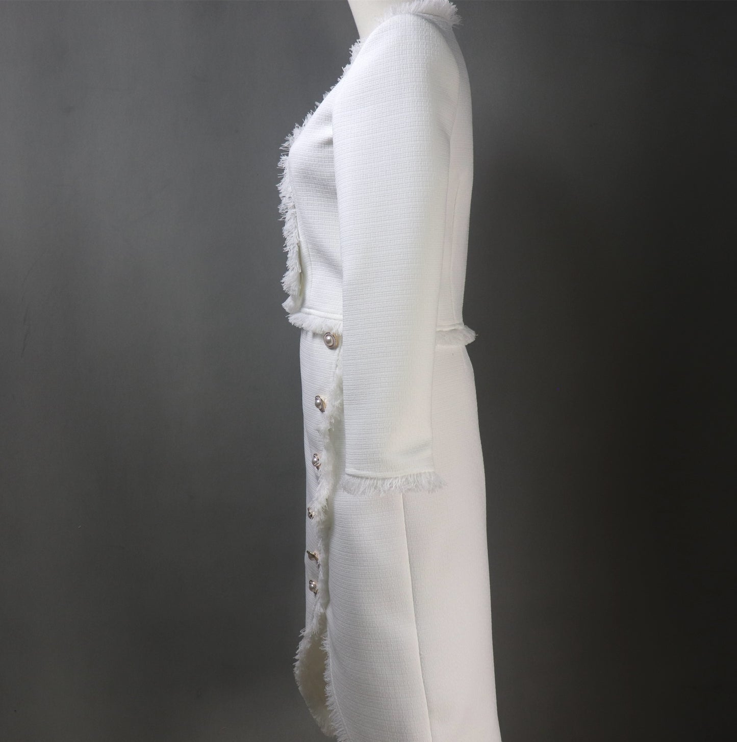 White Asymmetric Skirt Tweed Suit with Big Pearls