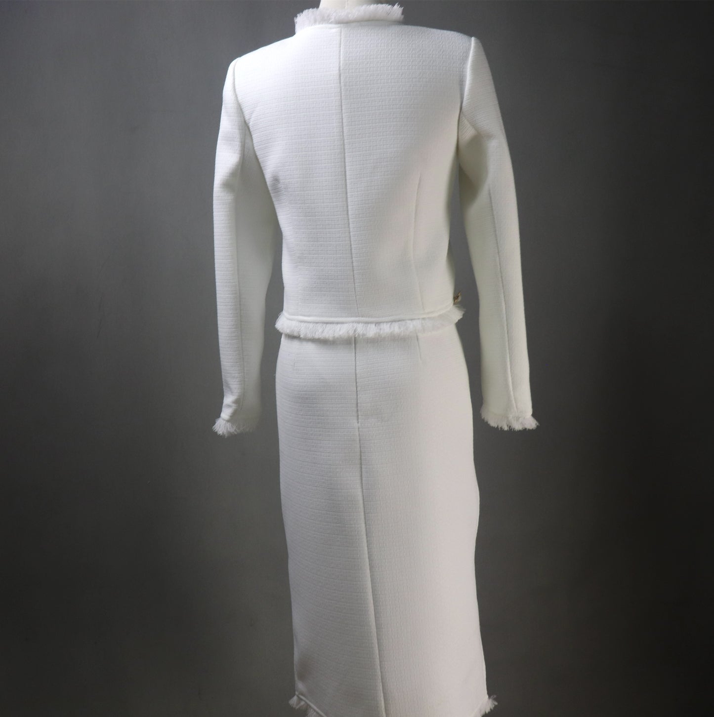 White Asymmetric Skirt Tweed Suit with Big Pearls