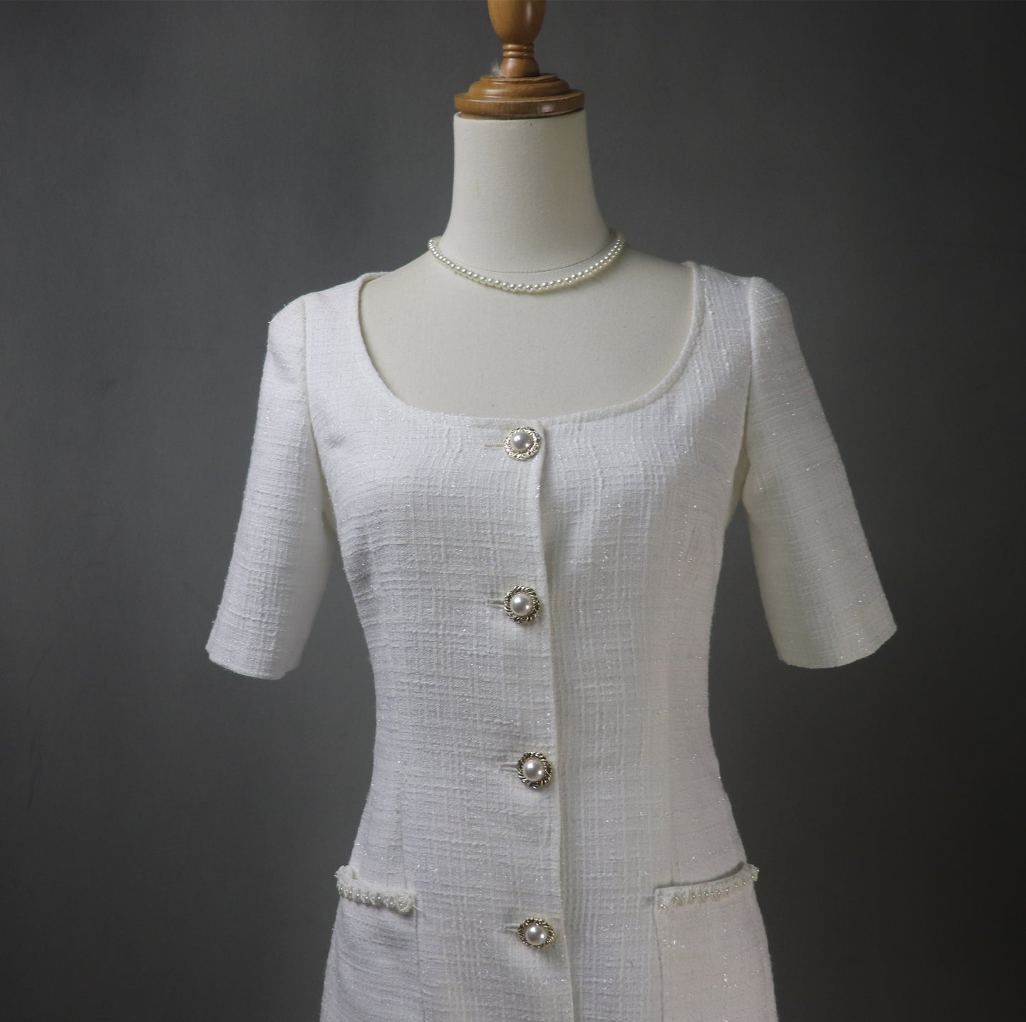 Bespoke White Tweed Dress with Square Neck