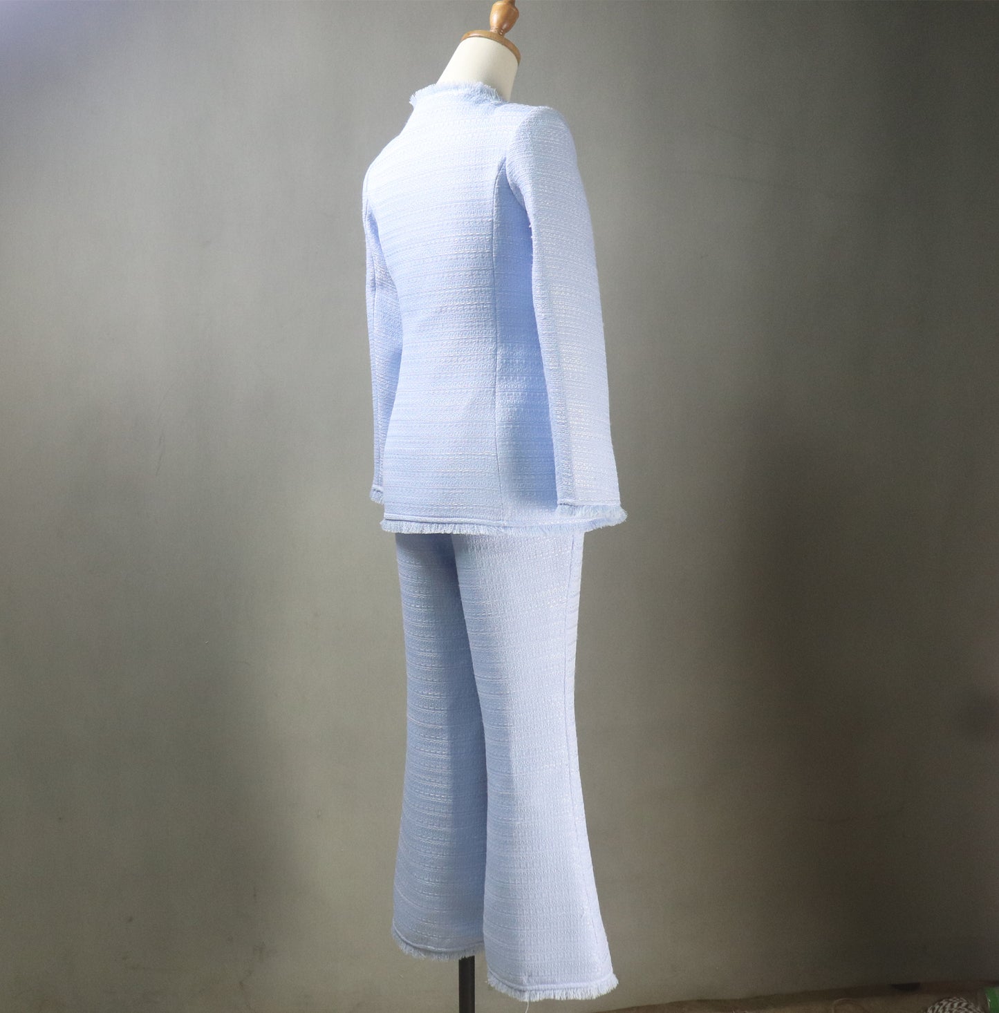Bespoke Blue Flare Pants Suit (Plus Size Avail) Square Neck Long Jacket + Trousers Suit