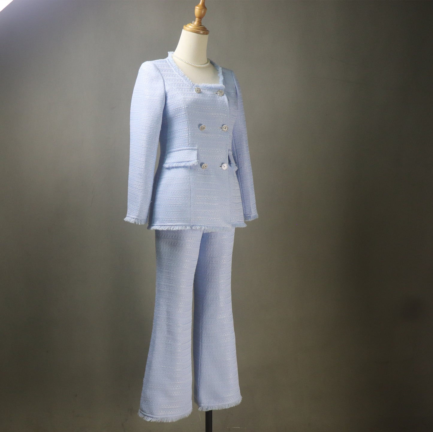 Bespoke Blue Flare Pants Suit (Plus Size Avail) Square Neck Long Jacket + Trousers Suit