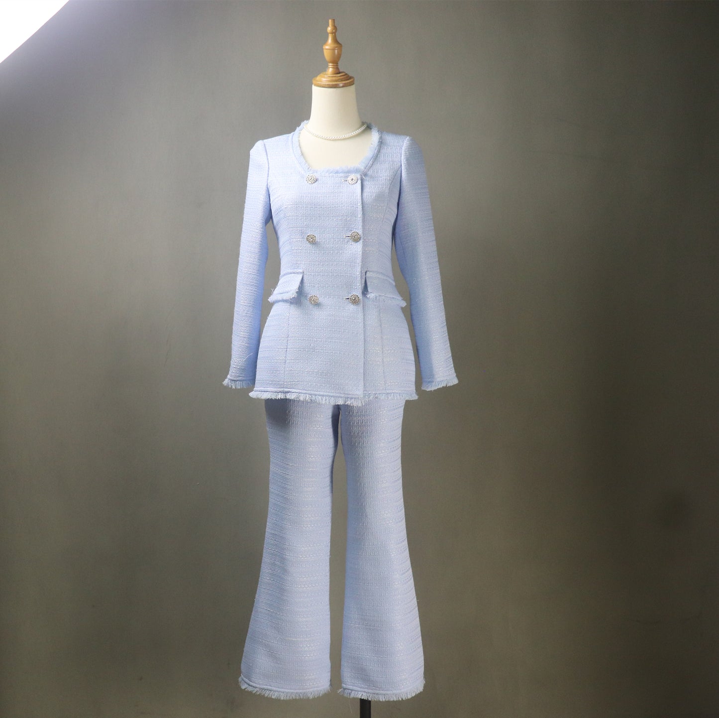 Bespoke Blue Flare Pants Suit (Plus Size Avail) Square Neck Long Jacket + Trousers Suit