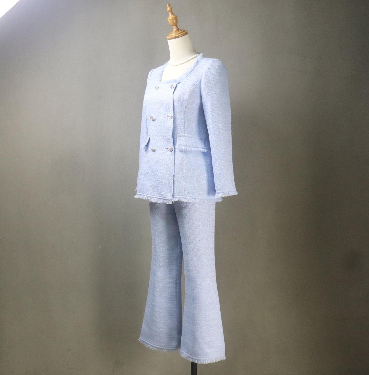 Bespoke Blue Flare Pants Suit (Plus Size Avail) Square Neck Long Jacket + Trousers Suit