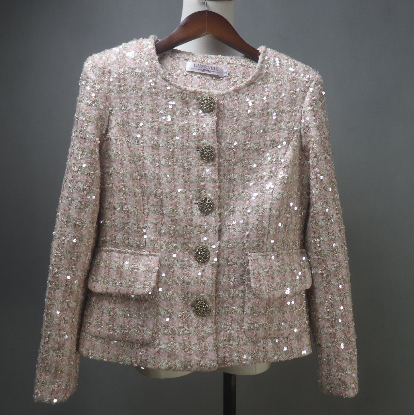 Bespoke Glamorous Dusty Pink Sequinned Tweed Jacket / Suit– Plus Size