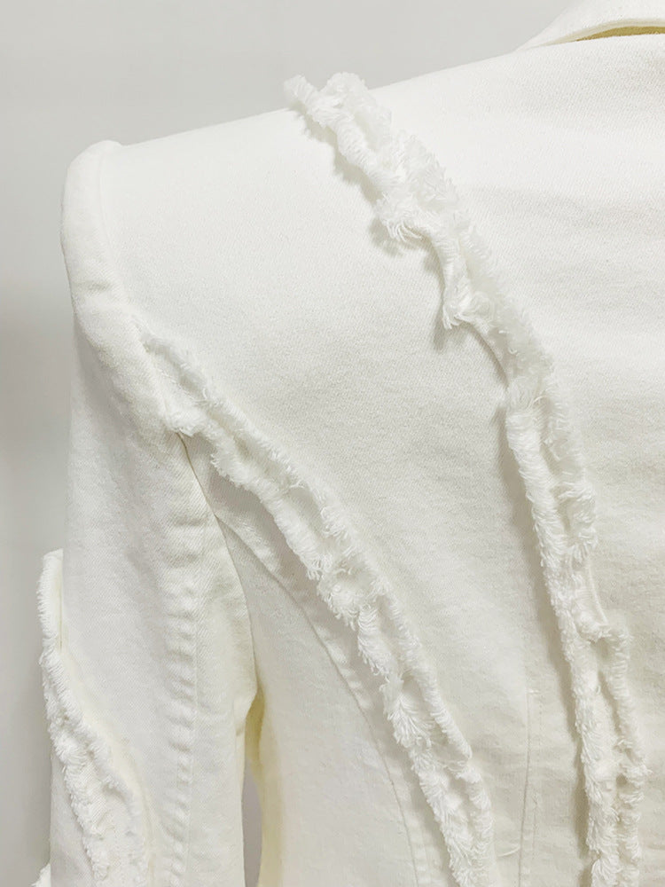 Women's White Denim Fringe Tassel Blazer with Padded Shoulders + Flare Trousers