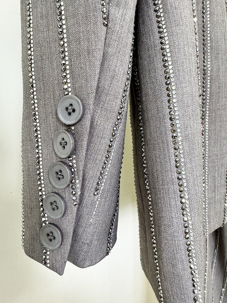 Grey Loose Fit Blazer + Wide Leg Trousers Pants Suit with Rhinestone