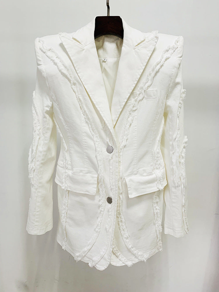Women's White Denim Fringe Tassel Blazer with Padded Shoulders + Flare Trousers