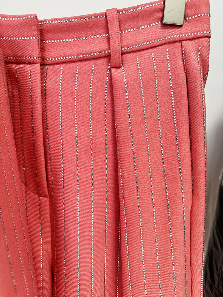 Women Loose Fit Pink Suit with Diamonds Strips - Blazer + Pants / Trousers