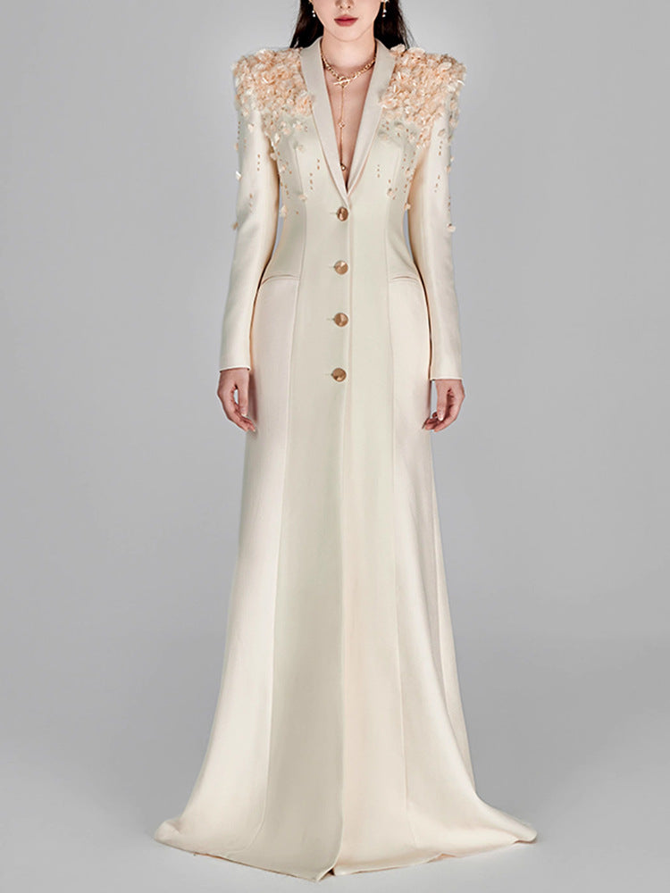 Women Beige Extra Long Gown Maxi Dress with 3D Flowers Decoration Shaw Women Beige Extra Long Gown Maxi Dress with 3D Flowers Decoration Shaw