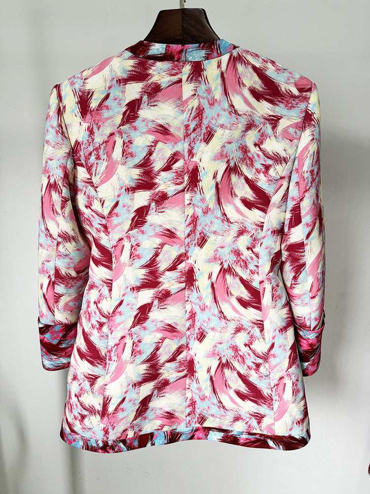 Women's Hot Pink Feather Floral 3/4 Sleeves Jacket + Flare Trousers Pants Suit