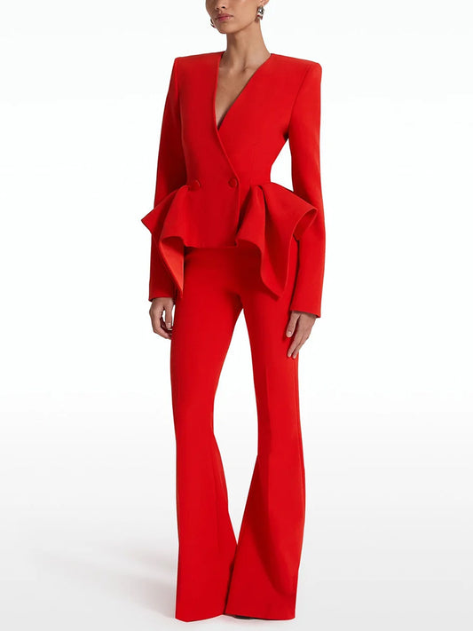 Women's Red Fit & Flare Jacket + Flare Trousers Pants Suit