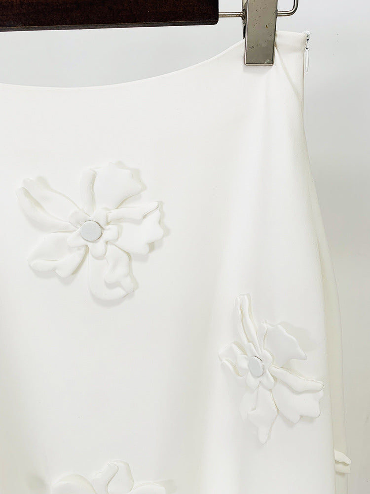 White 3D Flowers Embroidery Crop Top + Long Flare Skirt Suit
