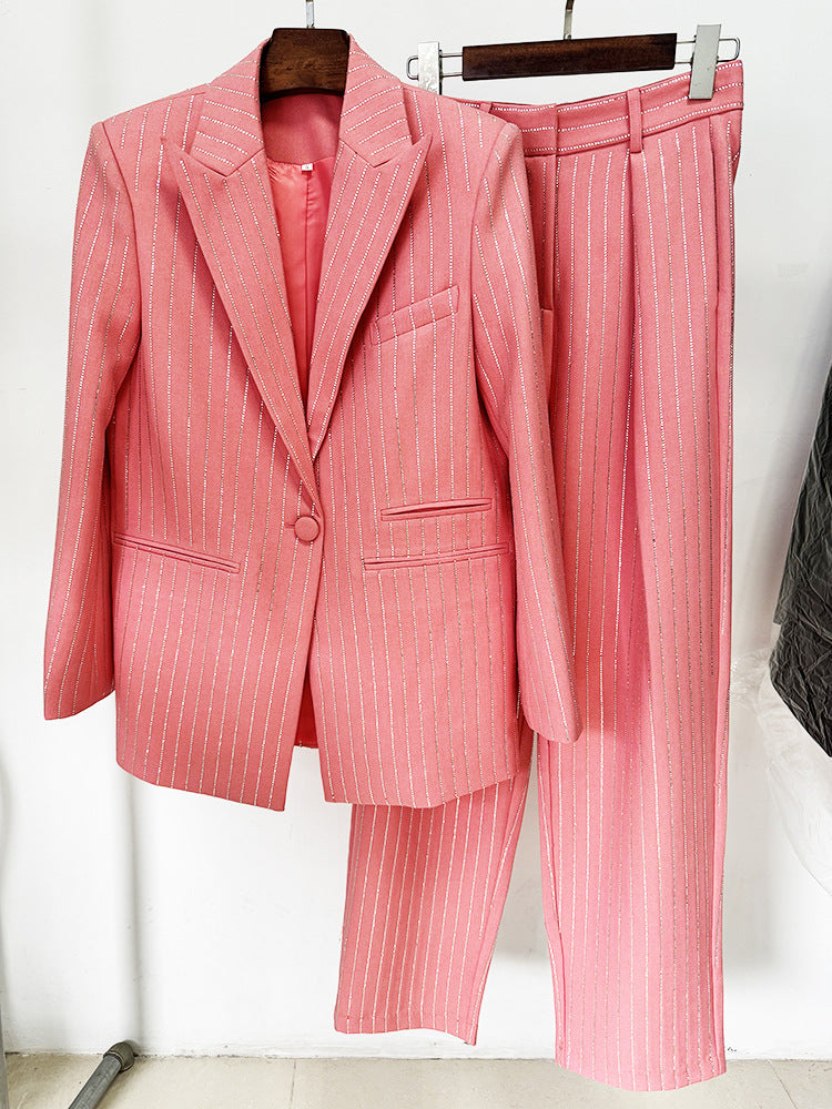 Women Loose Fit Pink Suit with Diamonds Strips - Blazer + Pants / Trousers