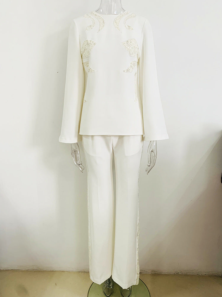 Women White Pants Suit Lace Cut Out Decor Top + Flare Trousers