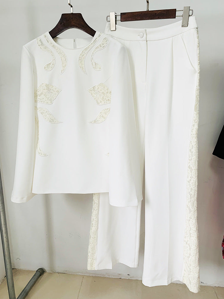 Women White Pants Suit Lace Cut Out Decor Top + Flare Trousers