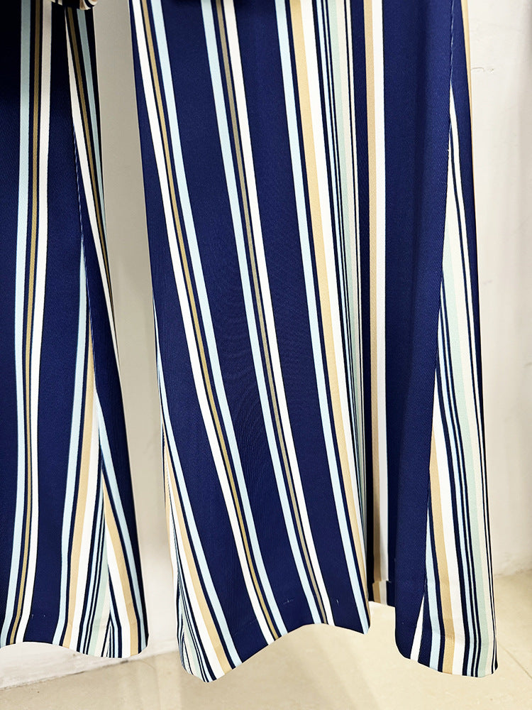 Blue Navy Stripped Suit Loose Blazer + Fitted Flare Trousers Pants Suit