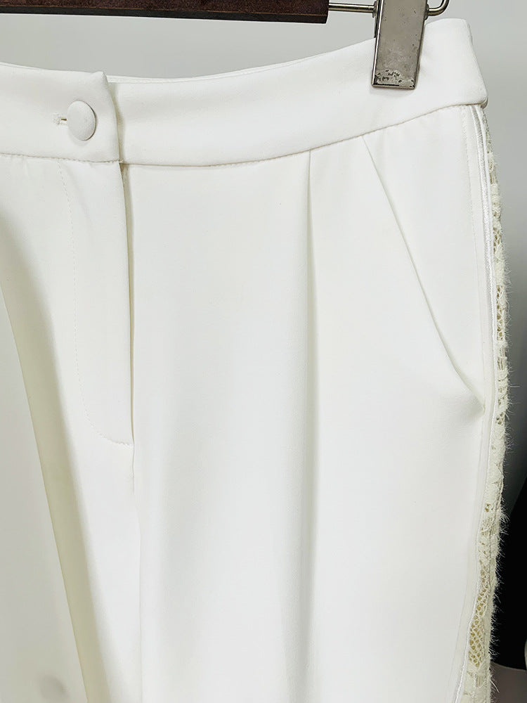 Women White Pants Suit Lace Cut Out Decor Top + Flare Trousers