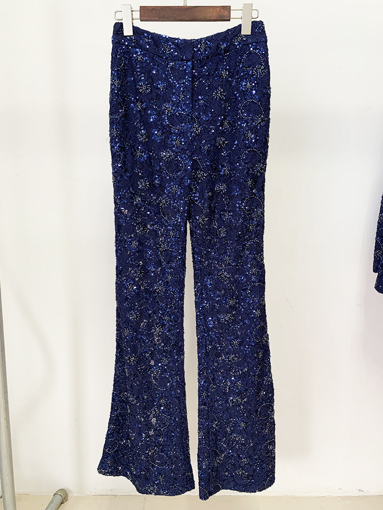 Women Sequinned Mesh Lace Bohemian Style+ Flare Trousers Pants Navy Suit