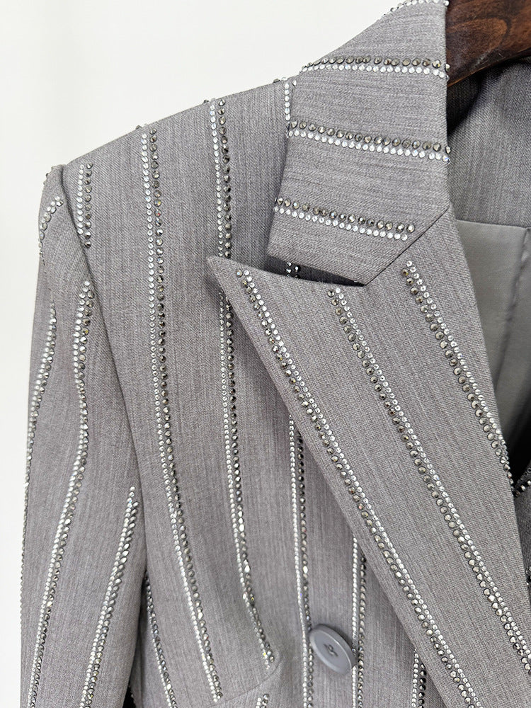 Grey Loose Fit Blazer + Wide Leg Trousers Pants Suit with Rhinestone