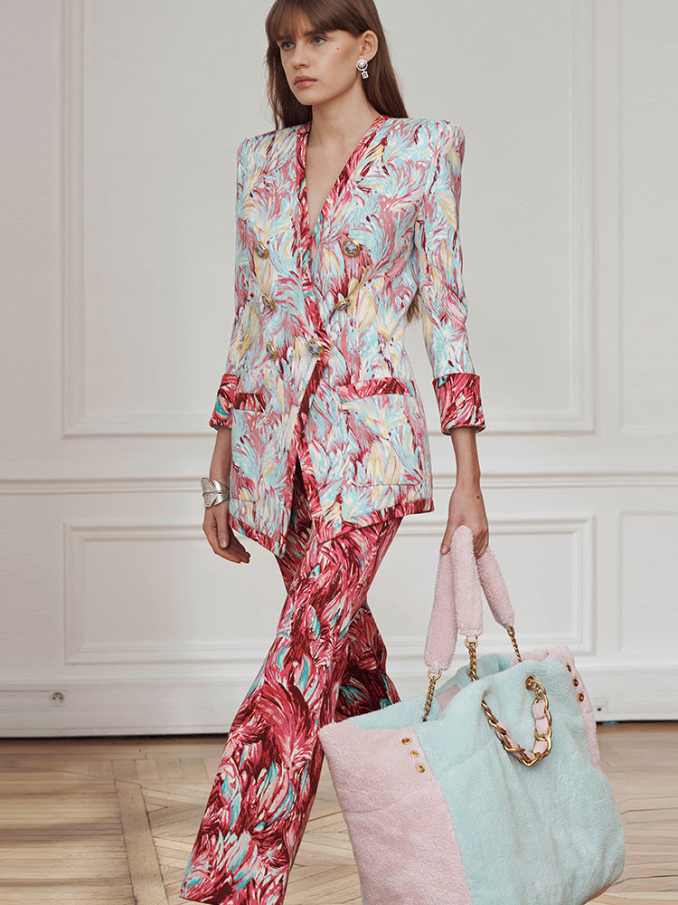Women's Hot Pink Feather Floral 3/4 Sleeves Jacket + Flare Trousers Pants Suit
