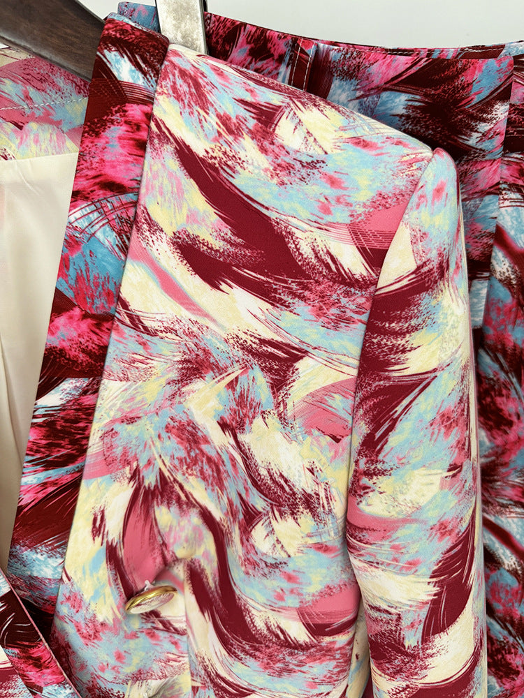 Women's Hot Pink Feather Floral 3/4 Sleeves Jacket + Flare Trousers Pants Suit