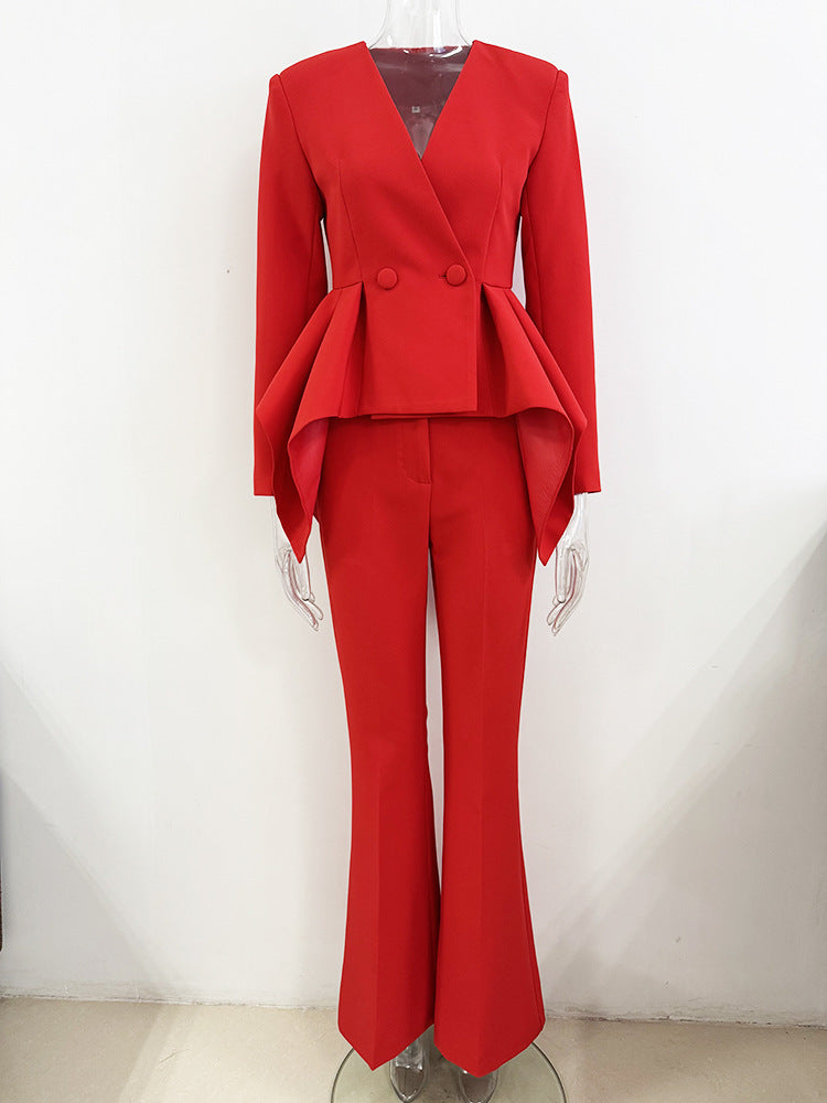 Women's Red Fit & Flare Jacket + Flare Trousers Pants Suit